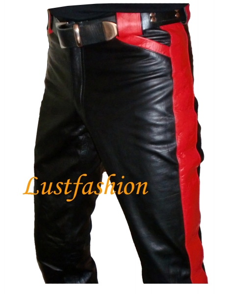 Design- Leather jeans with coloured apps Design- Leather jeans with coloured apps