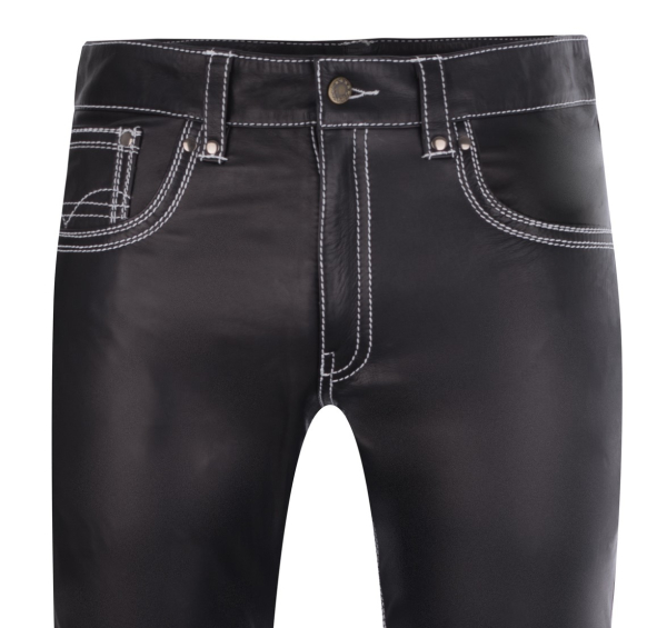 Leather jeans with white seams